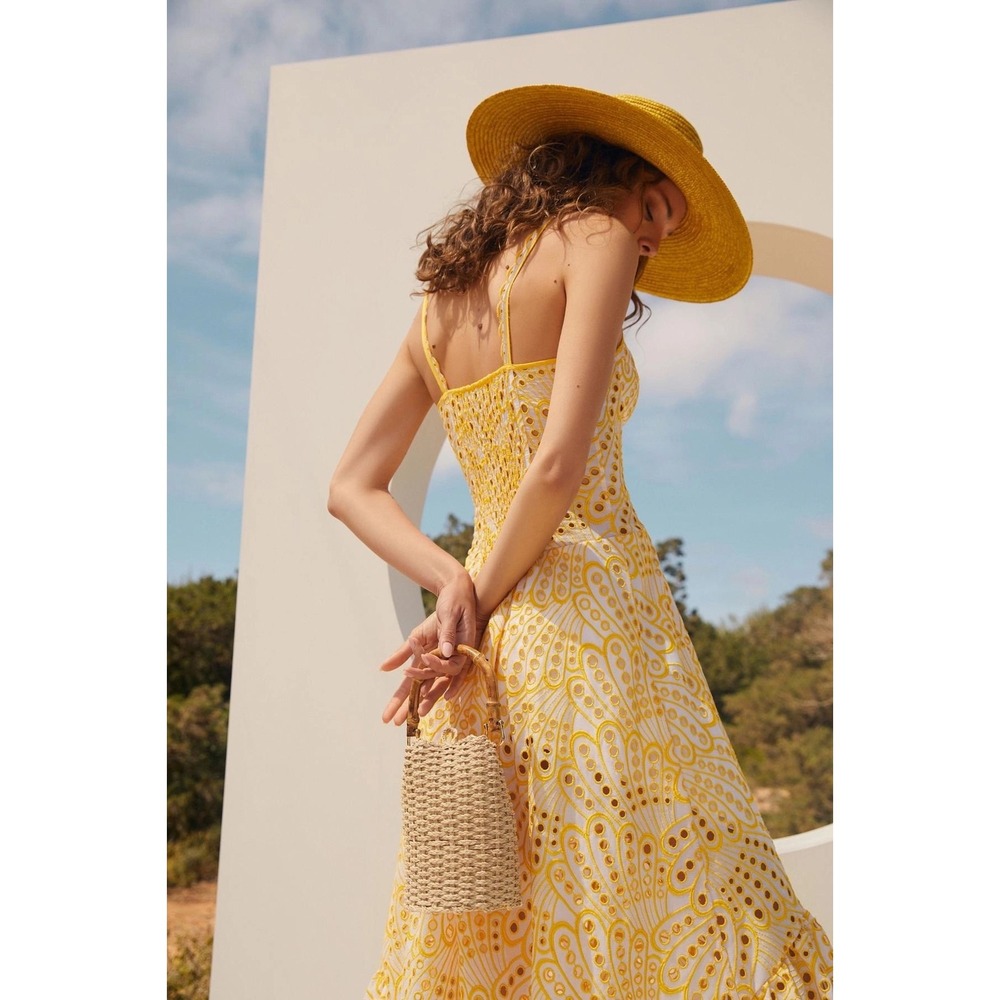 JARDINVUE Lace Buttoned Ruffle Hem Cami Midi Dress Yellow Embroidered X-Small - Picture 9 of 15